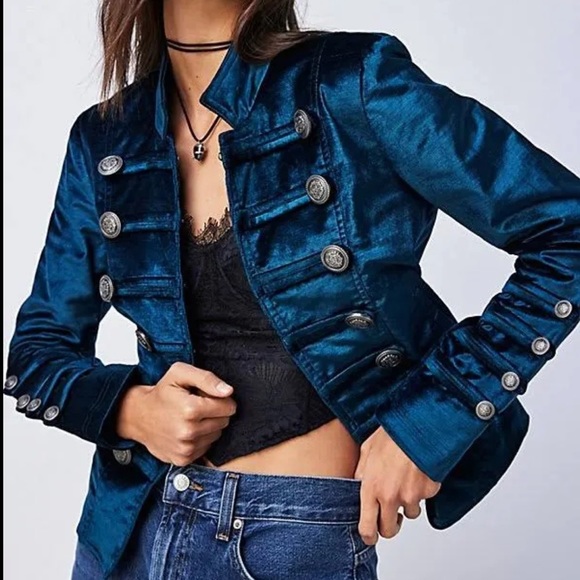 Free People Jackets & Blazers - NWOT Free People Mediterranean Blue Long Sleeve Velvet Military Jacket Small